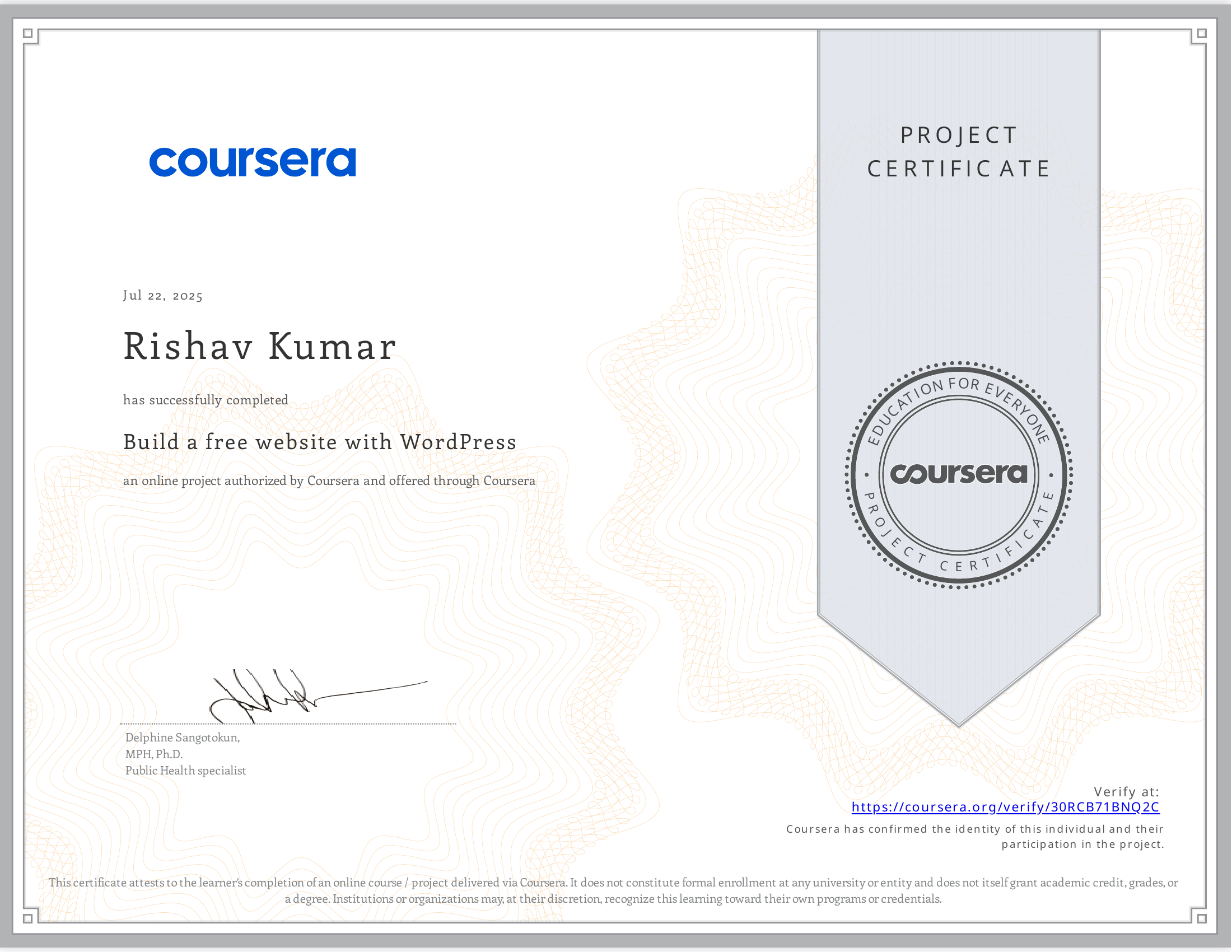 Coursera Project Certificate for Build a free website with WordPress, issued 22 July 2025