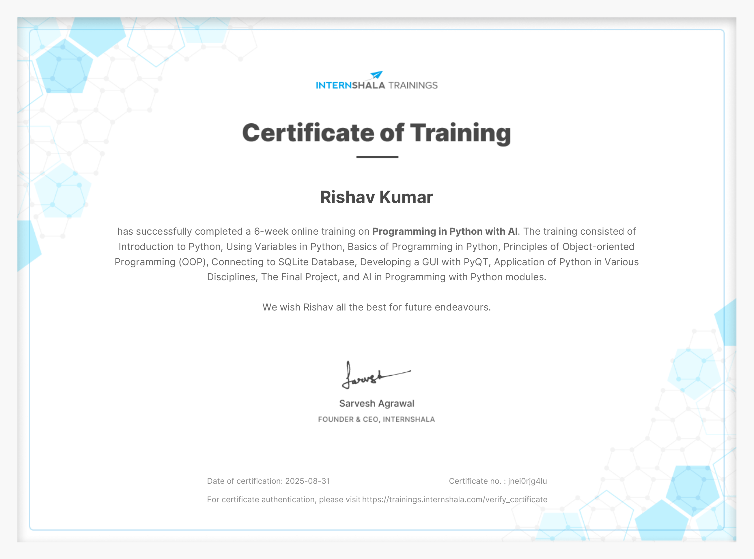 Internshala Certificate of Training in Programming in Python with AI, issued 31 August 2025