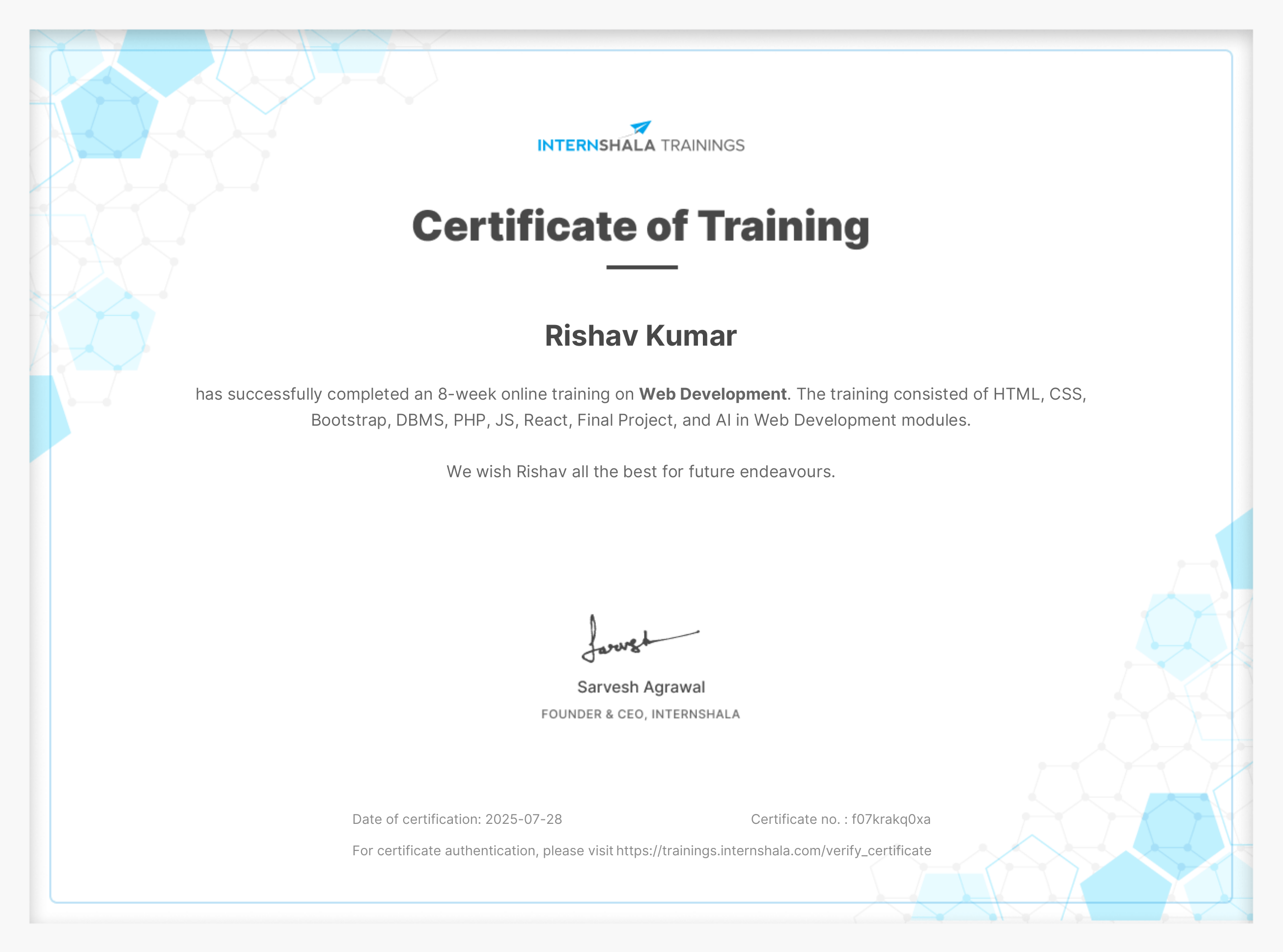 Internshala Certificate of Training in Web Development, issued 28 July 2025