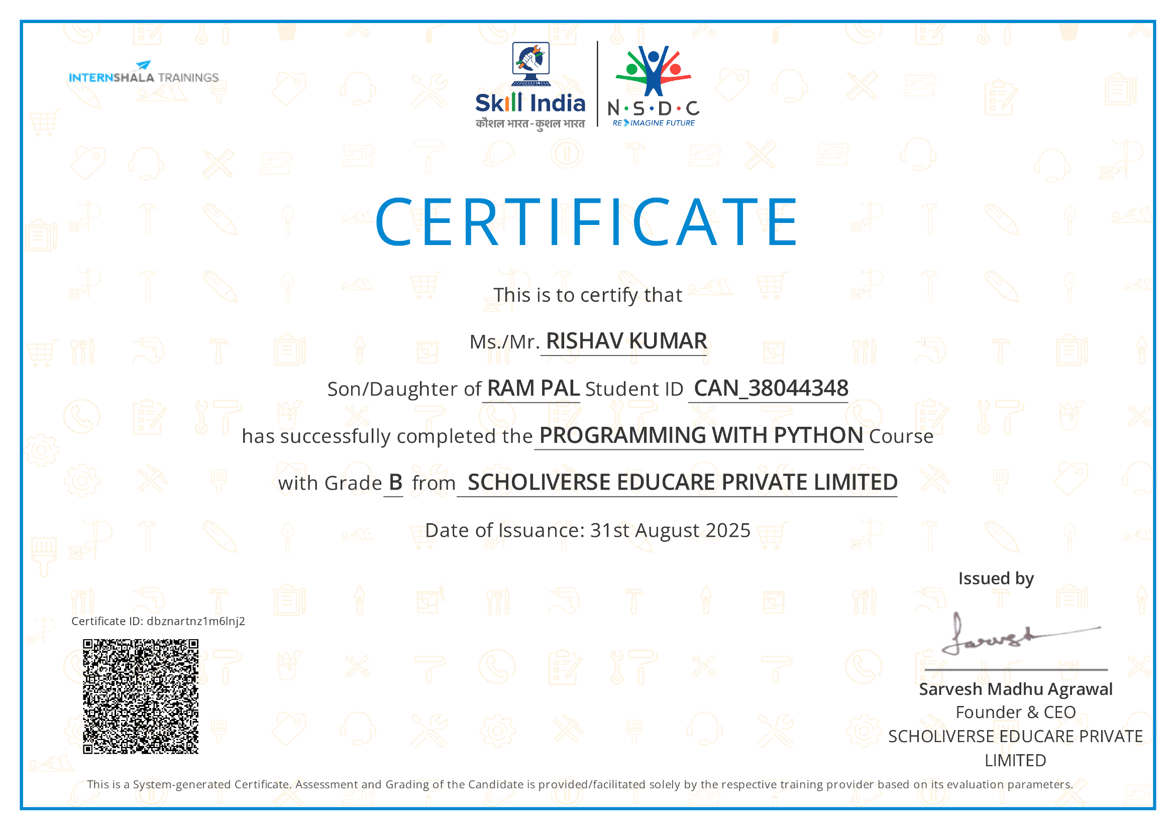 Skill India and NSDC certificate for Programming with Python, issued 31 August 2025