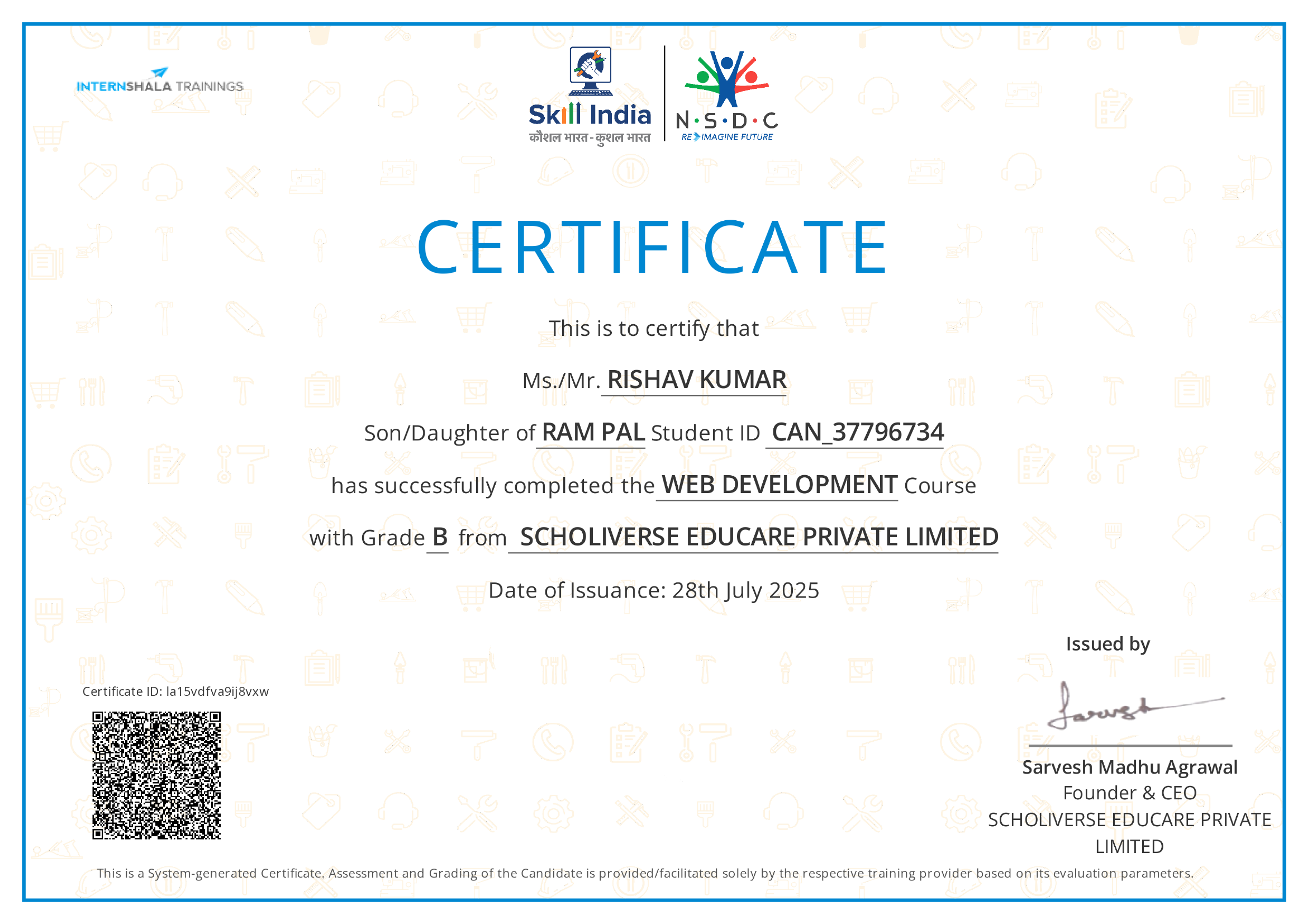 Skill India and NSDC certificate for Web Development, issued 28 July 2025