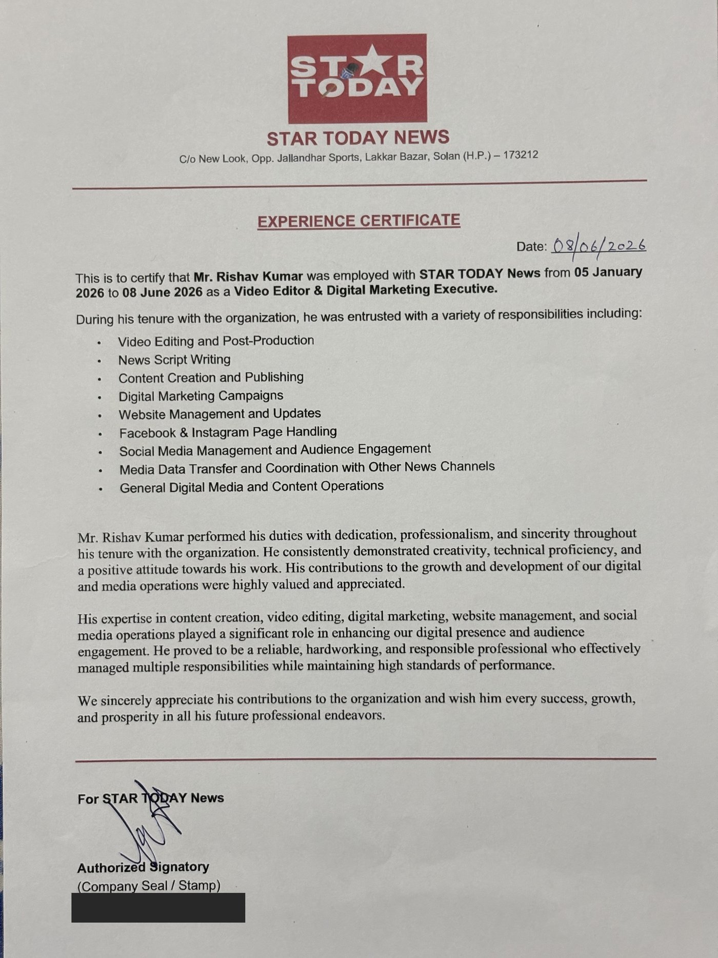 Experience Certificate, Star Today News