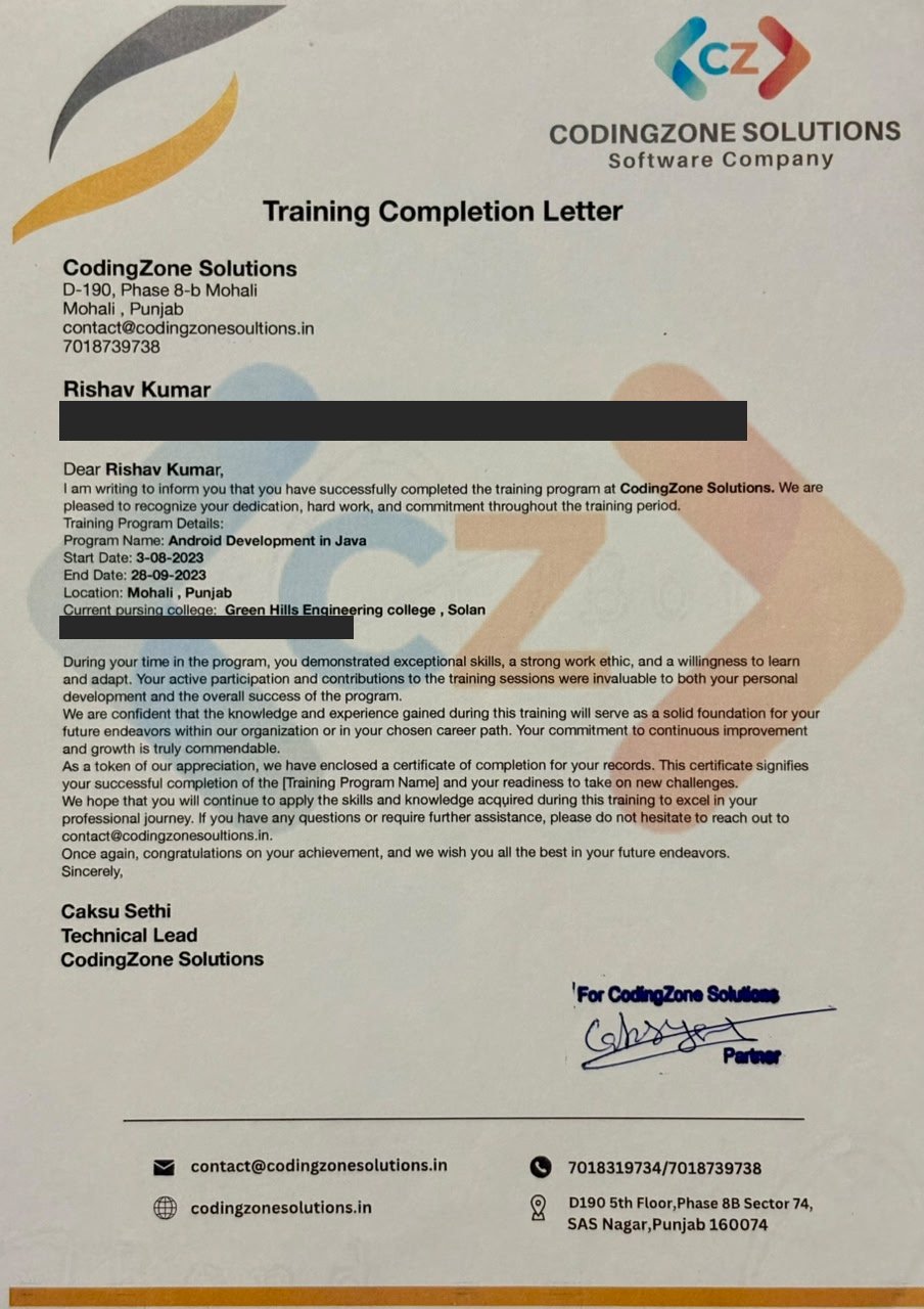 Training Completion Letter, CodingZone Solutions